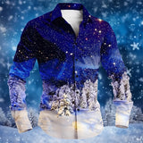 Christmas Men's Christmas Scene Printed Shirt Snowflake Casual Fashion Lapel Button Long Sleeve Party Autumn Shirt