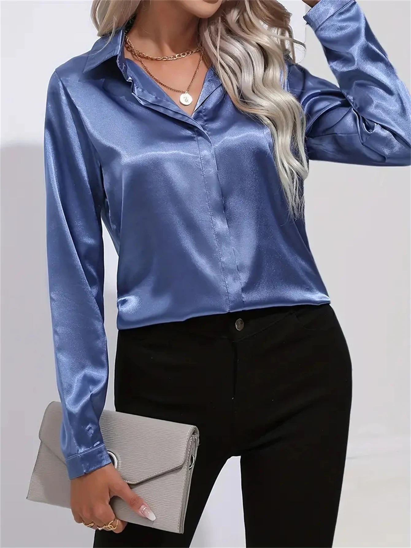 Elegant Turn-Down Collar One Button Satin Long Sleeve Shirt For Women Office Blouse