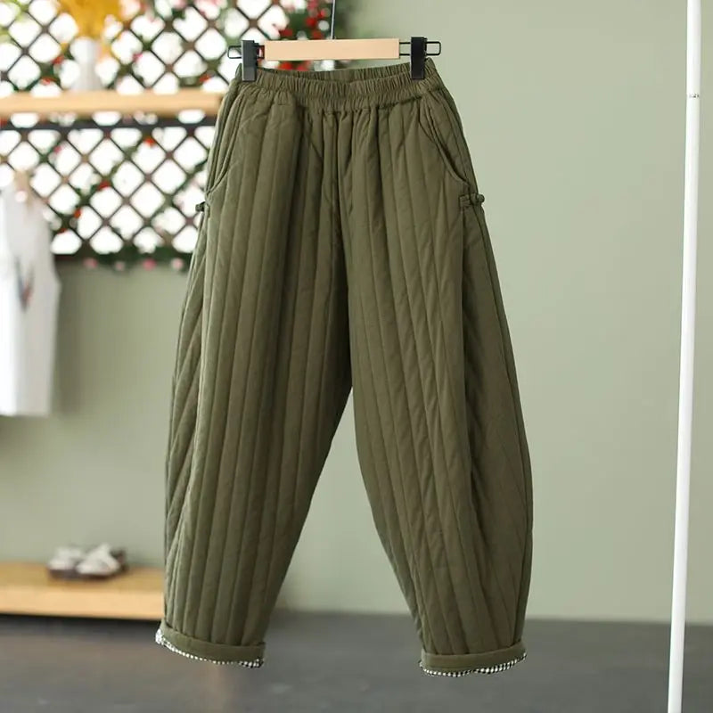 Winter Warm Clip Cotton Thickened Retro Down Cotton Pants for Women's Outwear Elastic Waist Loose Relaxed Pants