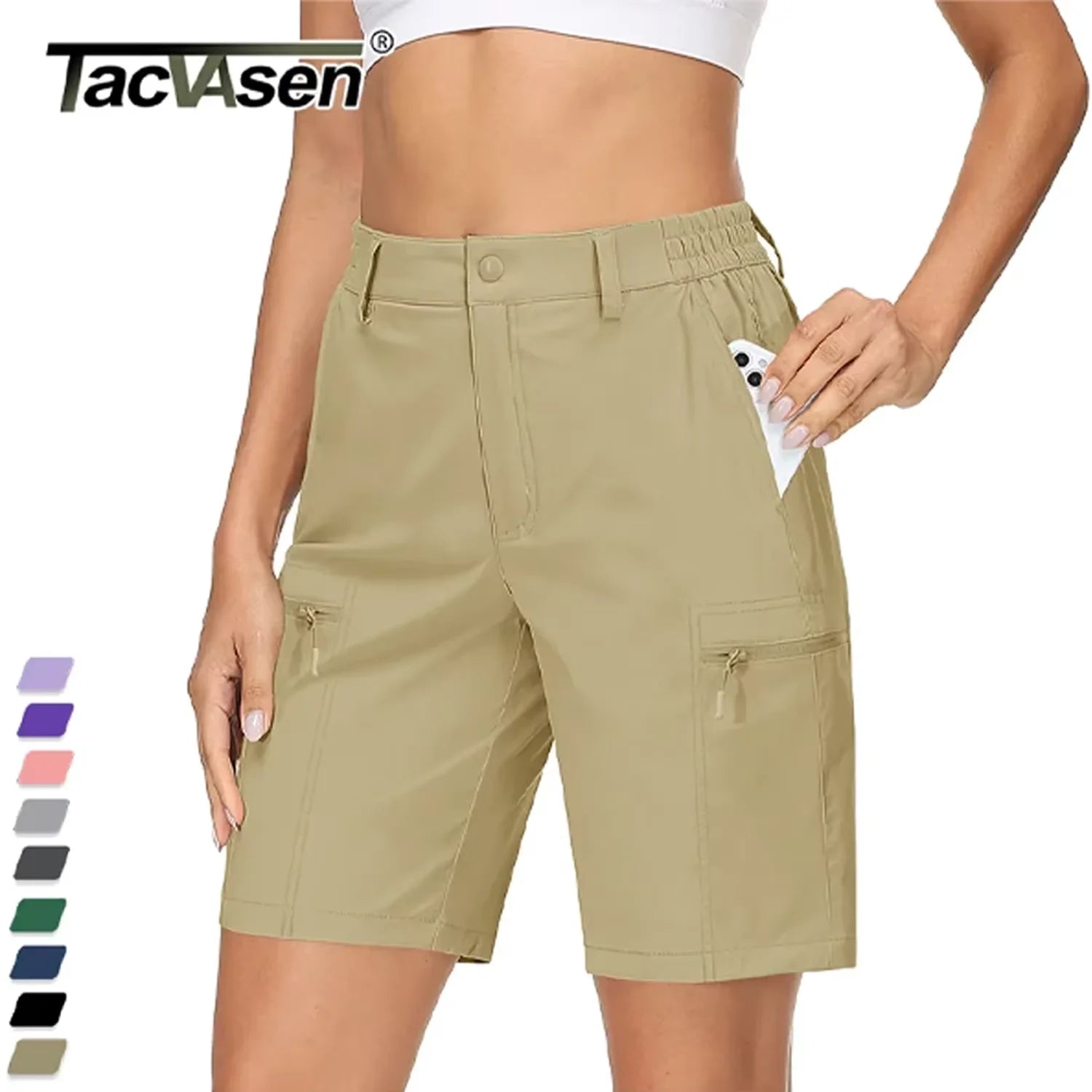 TACVASEN Quick Dry Hiking Shorts Breathable Lightweight Womens Jogging Shorts Outdoor Short Pants Zipper Pockets Cargo Workwear