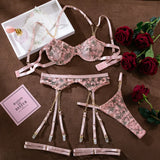 Girl Embroidered Flower Perspective Lingerie Set Women's Sweet Sexy Chain Underwear Female Solid See Though Bra Three Piece Set