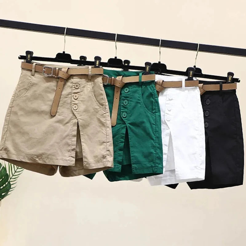 Chic Shorts Women Belt Korean Solid Buttons Side Slit A-line Streetwear Fashion Skirts Chic Harajuku Summer Loose Pants