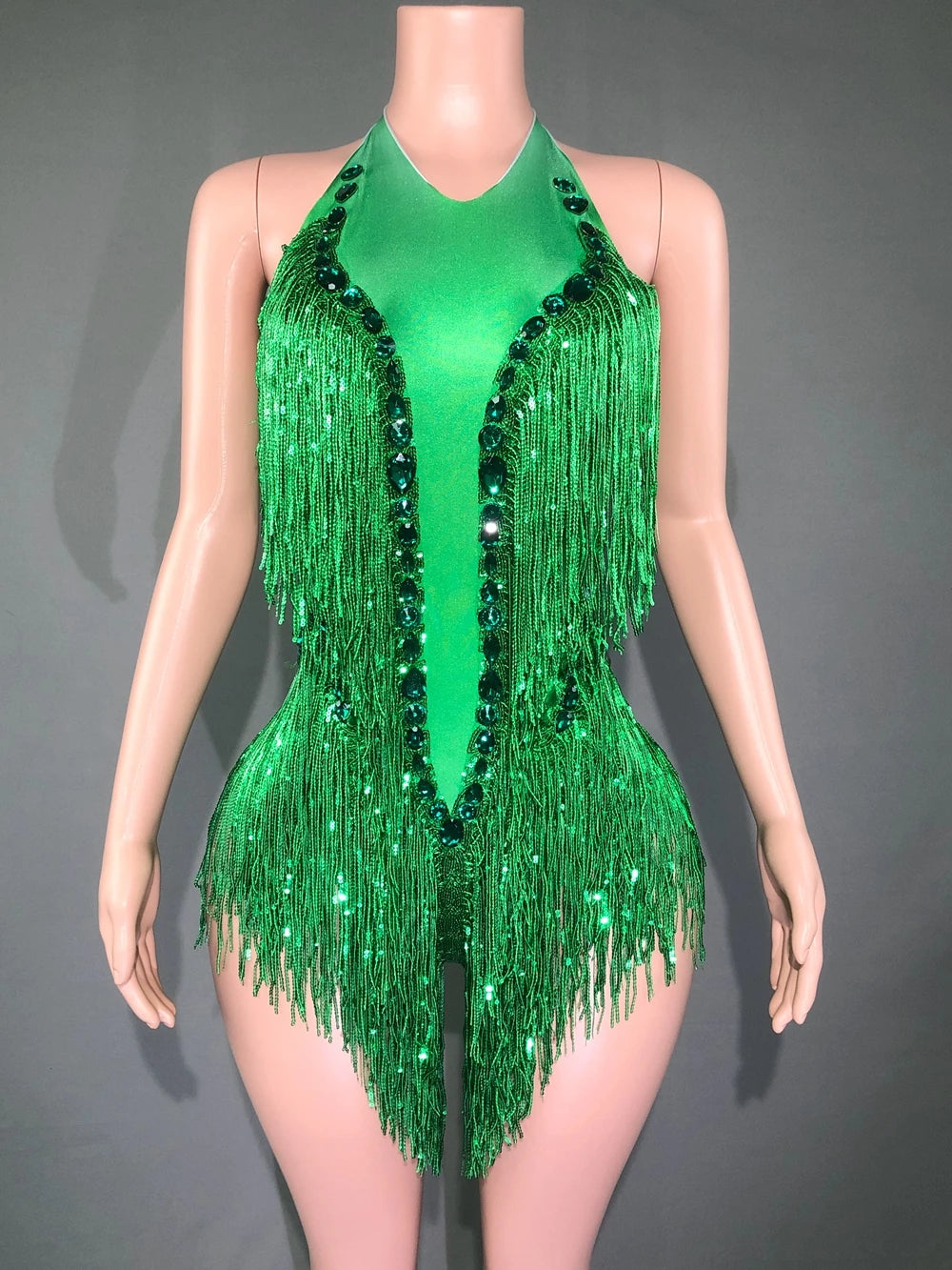 Sparkly Rhinestones Sequins Fringes Leotard Sexy Tassel Bodysuit One-piece Dance Costume Dancer Performance Show Stage Wear