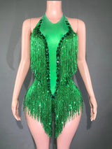 Sparkly Rhinestones Sequins Fringes Leotard Sexy Tassel Bodysuit One-piece Dance Costume Dancer Performance Show Stage Wear