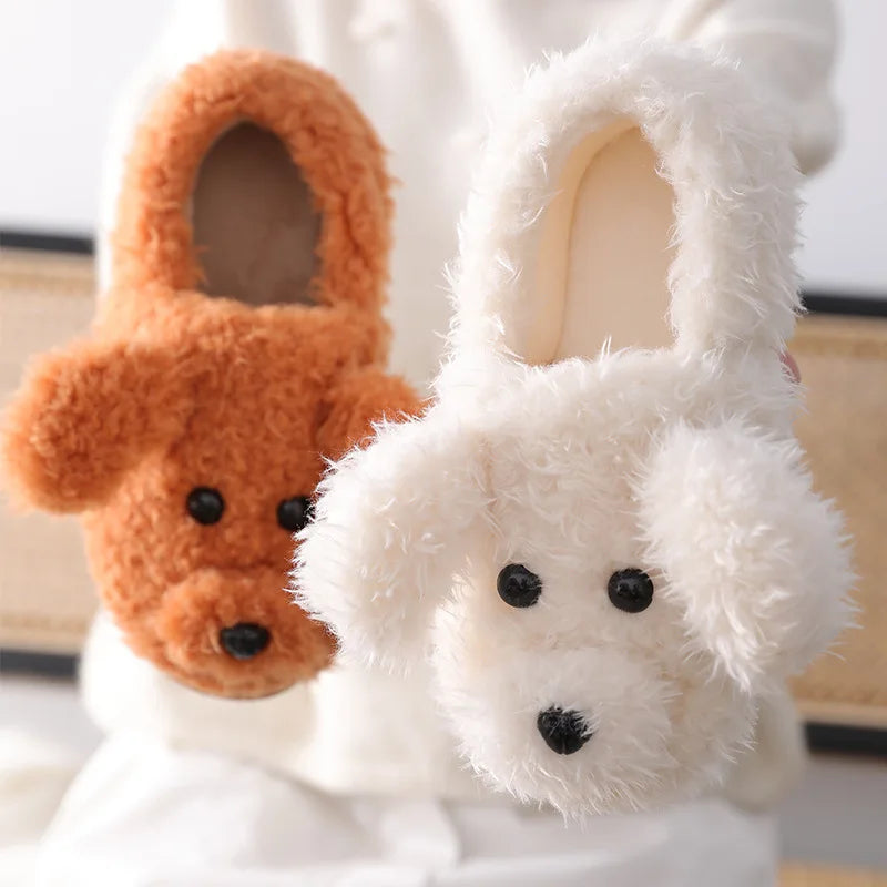 Comwarm Cute Dog Short Plush Slippers For Women Winter Warm Furry Cotton Shoes Couples Home Indoor Bedroom Cozy Slippers