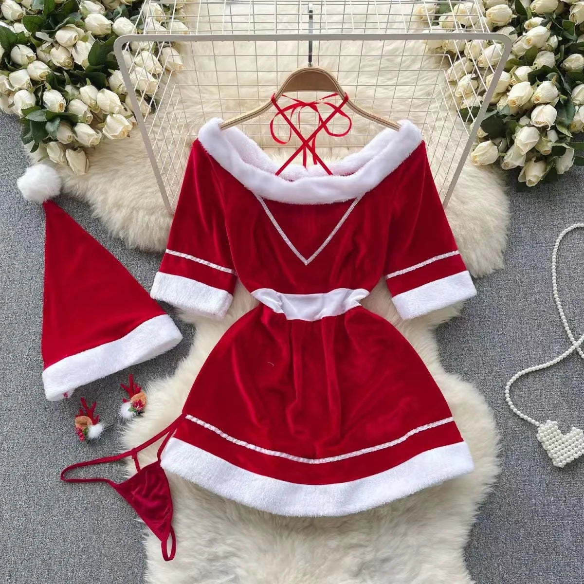 New In Women's Secret Clothes Christmas Red Top Sexy Patchwork Bodysuit Cosplay Erotic Lingerie Winter Strap Pajamas Nightwear