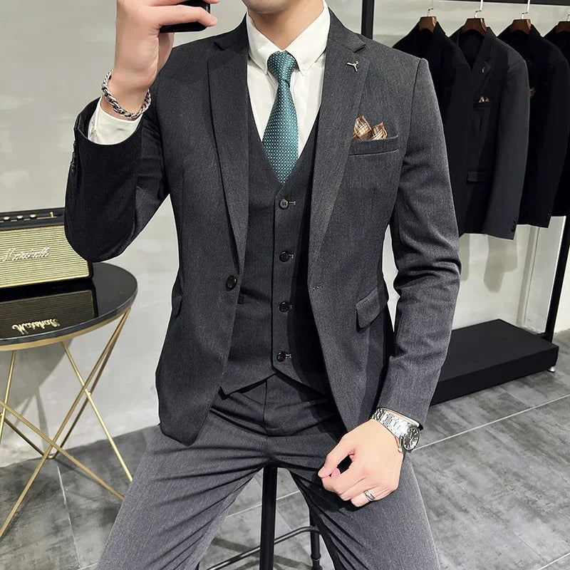 Men's Suit Jacket Vest Pants Fashion Boutique Plaid Casual Business Male Groom Wedding Tuxedo Dress 3 Pieces Set Blazers Coat