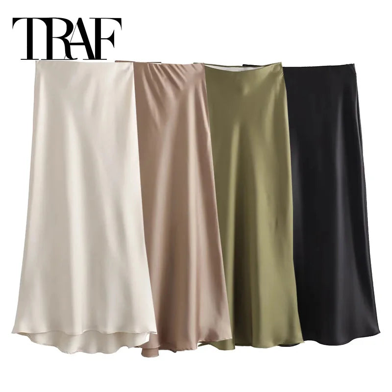 TRAF Woman Satin Skirt Women High Waist Long Skirts For Women Summer Black Midi Skirt Office Elegant Women's Skirts