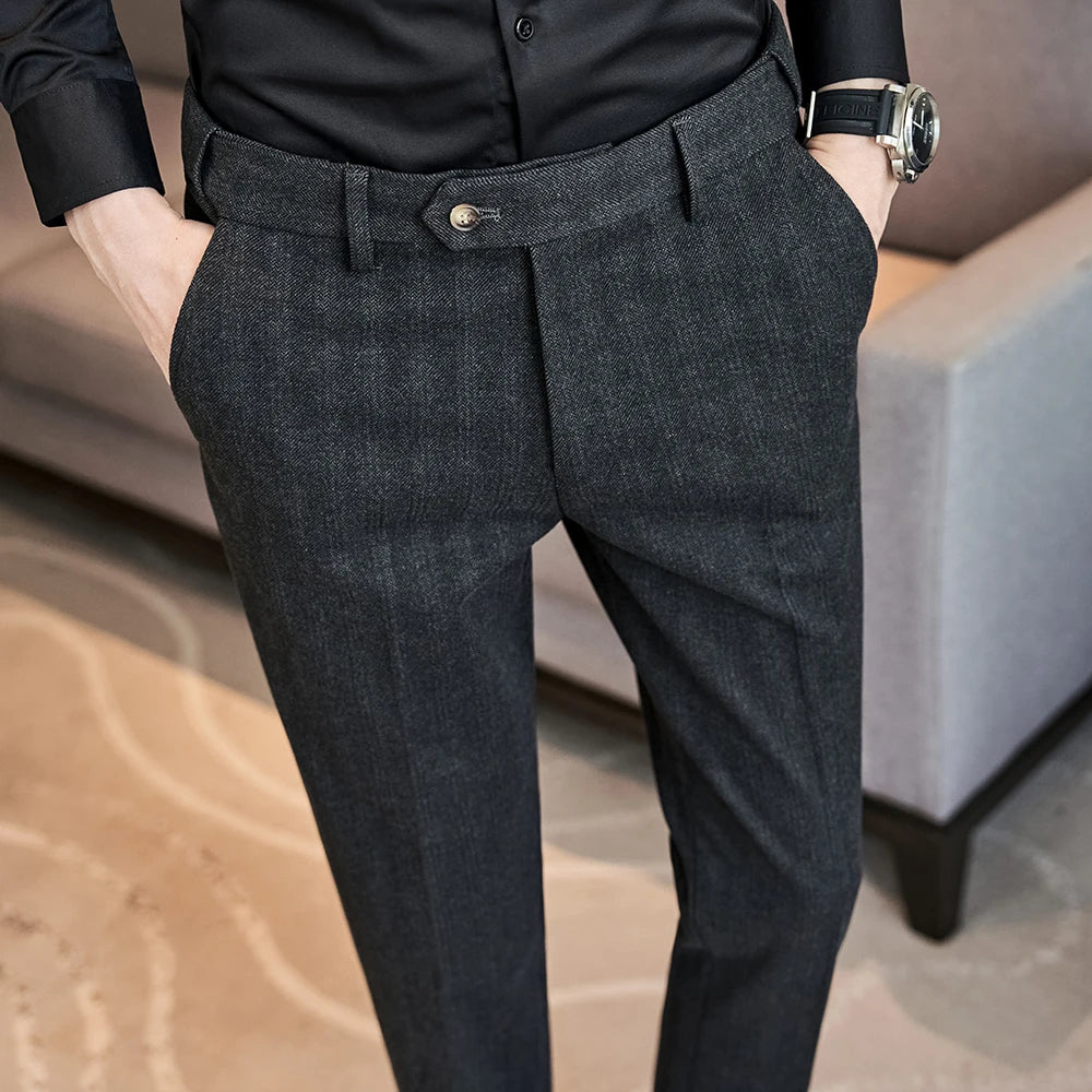 QJ CINGA New Grey Men's Woolen Pants, Autumn/Winter Thick Trousers Men, Slim Business Pantalones Hombre Fashion Slacks