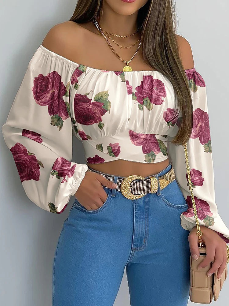 Women's Sexy Off-Shoulder Printing Blouses Chic and Elegant Lantern Long Sleeve Lace Up Bow Cropped Tops Casual Slim Shirts