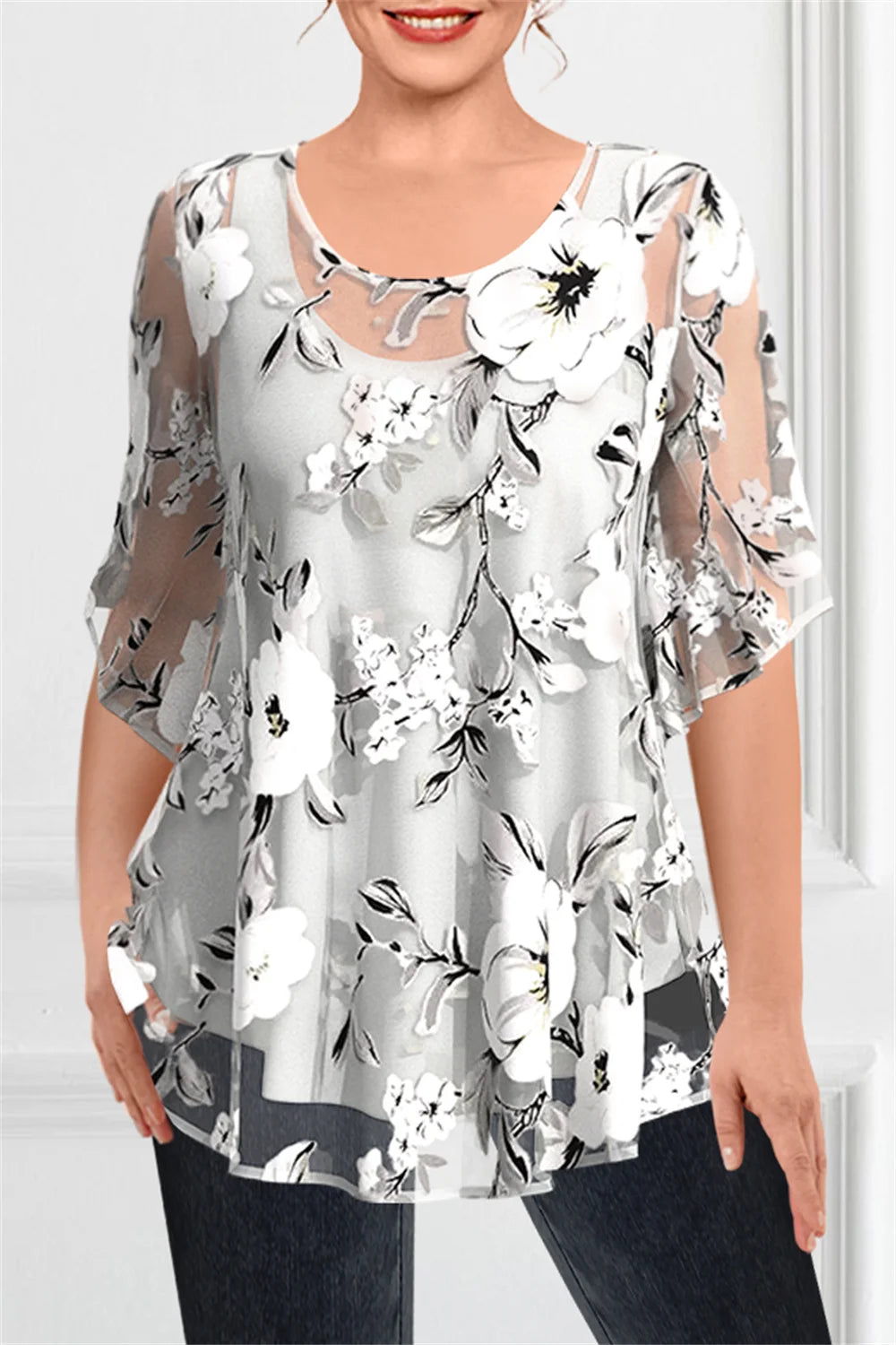 Plus Size Women's Casual Shirts Floral Printed Chiffon Ruffle Short Sleeves Layered Asymmetric Hem Round-neck Daily Commuter Top