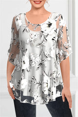 Plus Size Women's Casual Shirts Floral Printed Chiffon Ruffle Short Sleeves Layered Asymmetric Hem Round-neck Daily Commuter Top