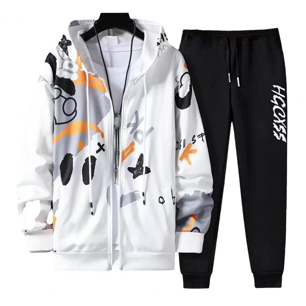 2 Pcs/Set Men Coat Pants Suit Hooded Letter Print Drawstring Loose Jogging Set Hip Hop Ankle-banded Men Sportwear Tracksuit