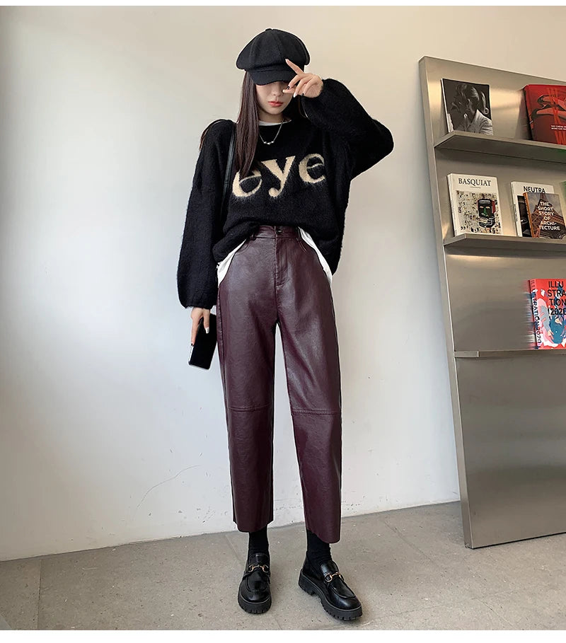 Fall Winter PU Leather Pants Women Elegant High Waist Pockets Faux Leather Harem Pant Female Back Elastic Waist Trousers