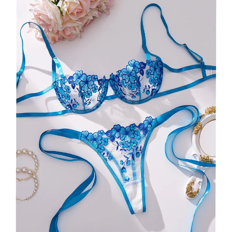 Romantic Lingerie Sexy Woman Underwear Floral Embroidery Bra Kit Push Up Mesh Sexy Outfits Transparent Underwear Erotic Bilizna