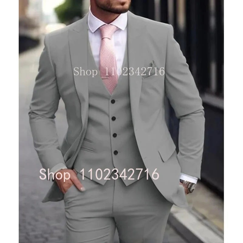 Pink Luxury Men Suits Terno Slim fit 3 Piece Jacket Pant With Vest Groom Wedding Tuxedo Costume Homme Formal Occasion Terno