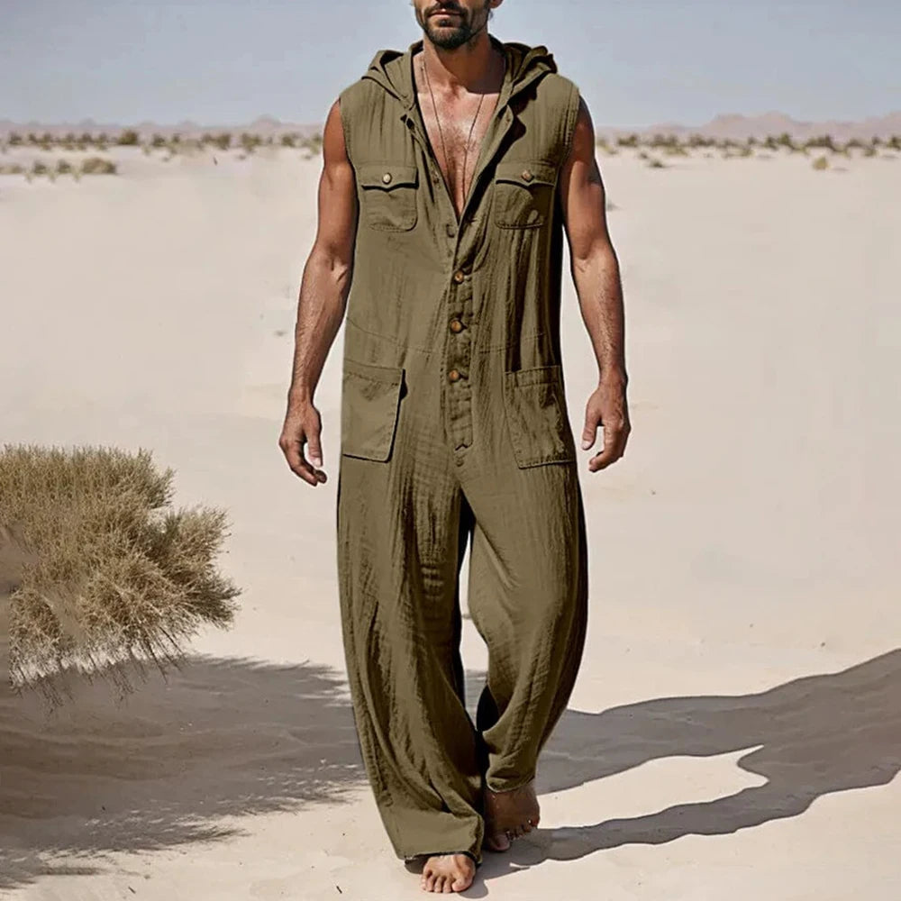 Men's Hooded Jumpsuits Autumn Casual Onesie Cotton Blend Hoodies Romper Solid Streetwear Male Sleeveless Multi-pocket Overalls