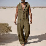 Men's Hooded Jumpsuits Autumn Casual Onesie Cotton Blend Hoodies Romper Solid Streetwear Male Sleeveless Multi-pocket Overalls