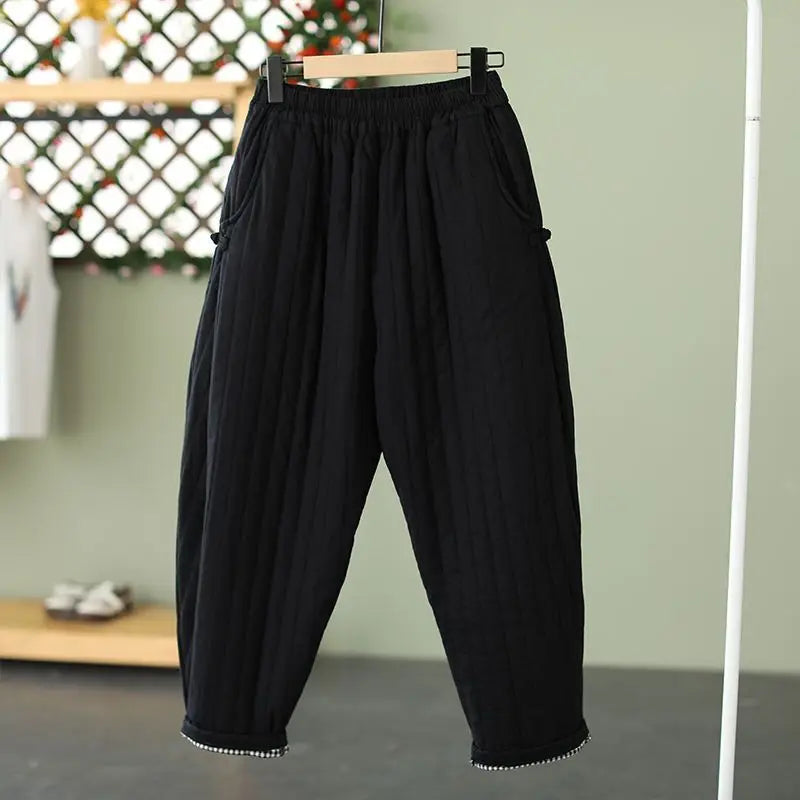 Winter Warm Clip Cotton Thickened Retro Down Cotton Pants for Women's Outwear Elastic Waist Loose Relaxed Pants