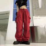 Casual Joggers Cargo Pants Women Solid Low Waist Pants Drawstring Wide Leg Baggy Trousers Y2k Streetwear Oversize Sweatpants