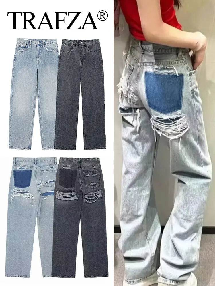 TRAFZA Jeans For Women Denim Solid Loose Zipper Fly Female Hole Trouser Pockets Wild Basic Commute Woman Wide Leg Long Pant