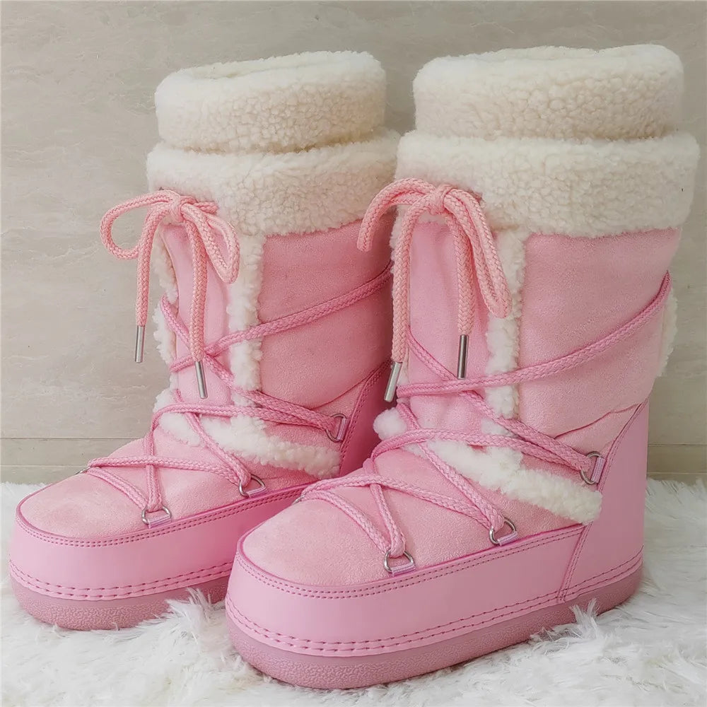 Winter Fur Boots Snow Boots Women Fluffy Fuzzy Furry Faux Fur Boots Middle Calf Platform Pink Black White Furry Boots