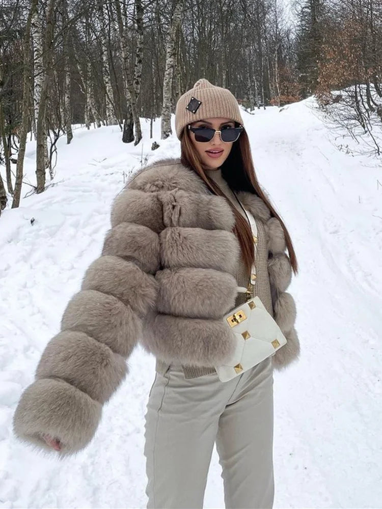 Elegant Faux Mink Fur Short Coat Women O-neck Crop Long Sleeve Artificial Fox Fluffy Lady Jacket 2024 Winter Female Outwears