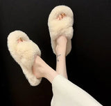 Fashion One Word Thick Fur Slippers Double Fur Slippers Casual Home Cotton Shoes for Women Flat Plush Cross Straps Slippers