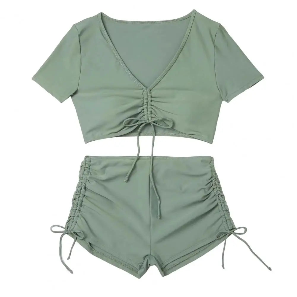 2Pcs/Set Swimsuit for Women Bikini Set V-Neck Short Sleeve Tops High Waist Drawstring Swimming Trunks Quick Drying Swimsuit