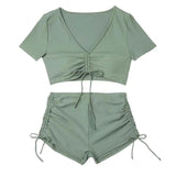 2Pcs/Set Swimsuit for Women Bikini Set V-Neck Short Sleeve Tops High Waist Drawstring Swimming Trunks Quick Drying Swimsuit