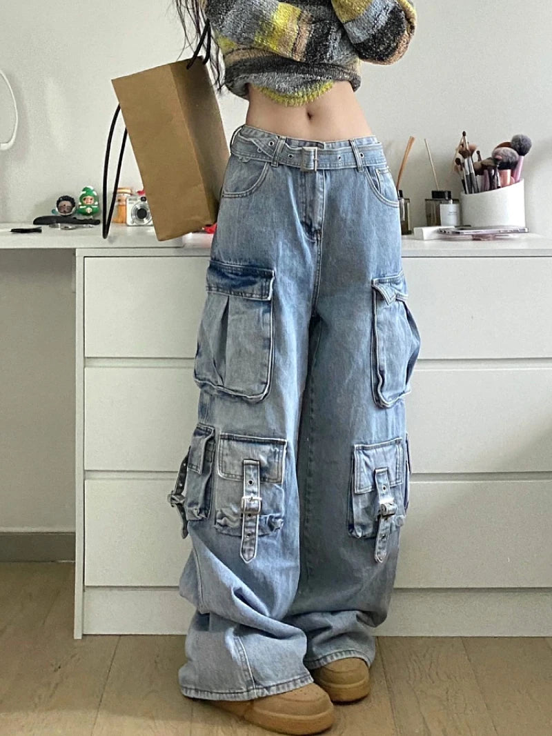 Autumn Winter New Ladies Cargo Jeans American Street Style Baggy Cargo Pants Women Blue Multi-pocket Wide Leg Jeans for Women