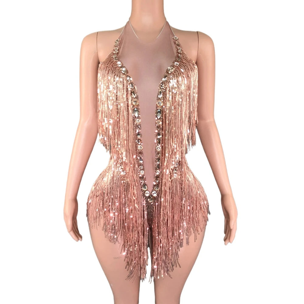 Sparkly Rhinestones Sequins Fringes Leotard Sexy Tassel Bodysuit One-piece Dance Costume Dancer Performance Show Stage Wear