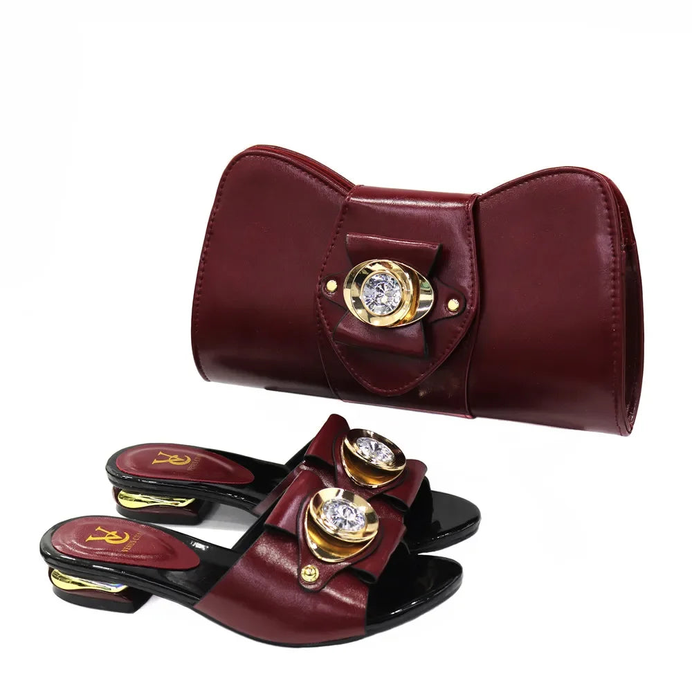 Latest Italian Design Fashion African Women's Low Heel Comfortable Shoes and Bags Set Leather Casual Ladies Slippers