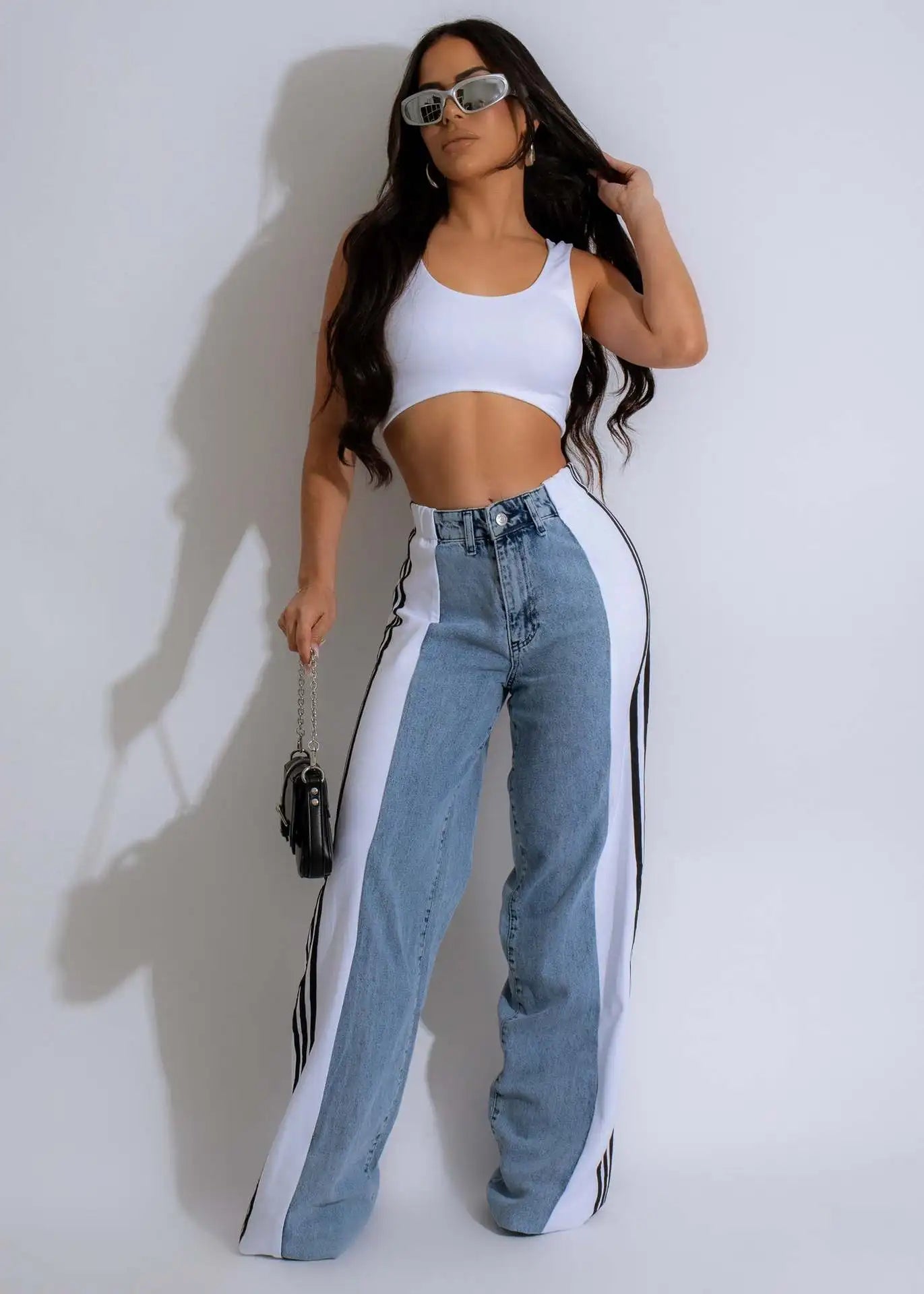 Patchwork Jeans Wide Leg Pants Sexy Women Blue Jeans Flare Pants Denim Straight Trousers