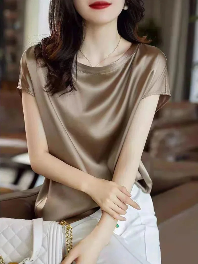 Silk Thin Short Sleeve Top Korean Slip Woman T-shirt Summer Clothes Elegant Black Brown Tee Shirt Solid Loose Casual 4XL