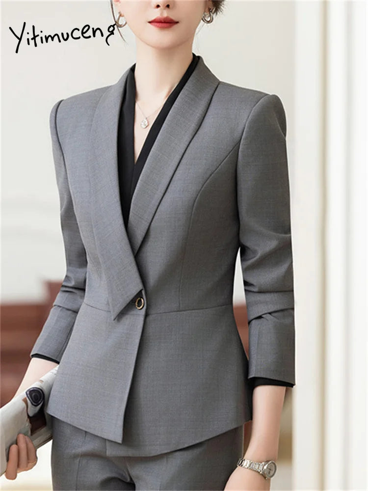 Formal Work Pants Suits Women New Korean Office Ladies Solid Slim Long Sleeve Blazer Pencil Pants Two Piece Set