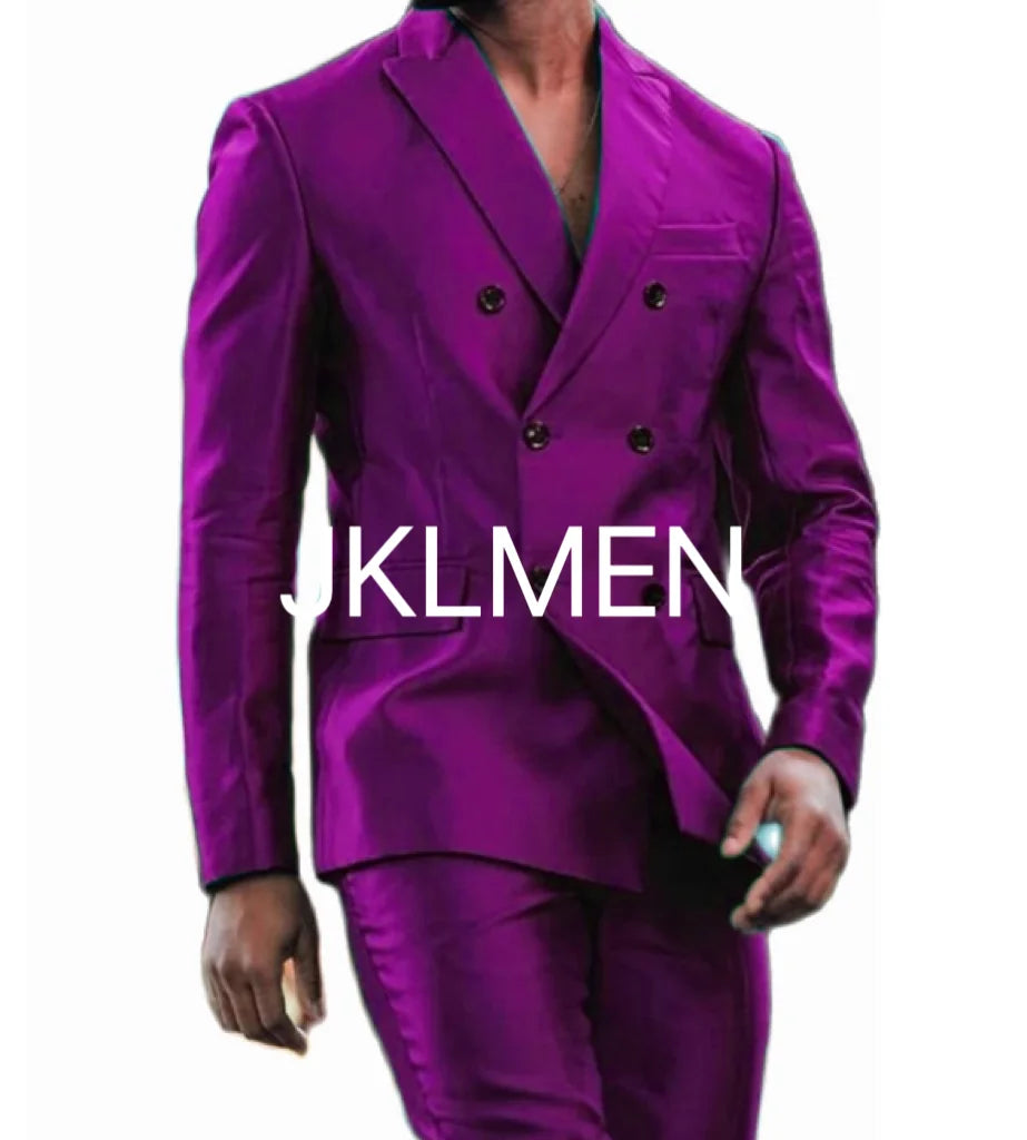 Latest Design Shiny  Jacket Pants Double Breasted Peak Lapel Men Suits Terno Masculino Tuxedo Groom Wedding Prom Party