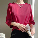 New In Summer Satin Silk Half-Sleeve Tee Tops Basic Solid Casual O-neck Thin Shirts Ladies Loose Blouses