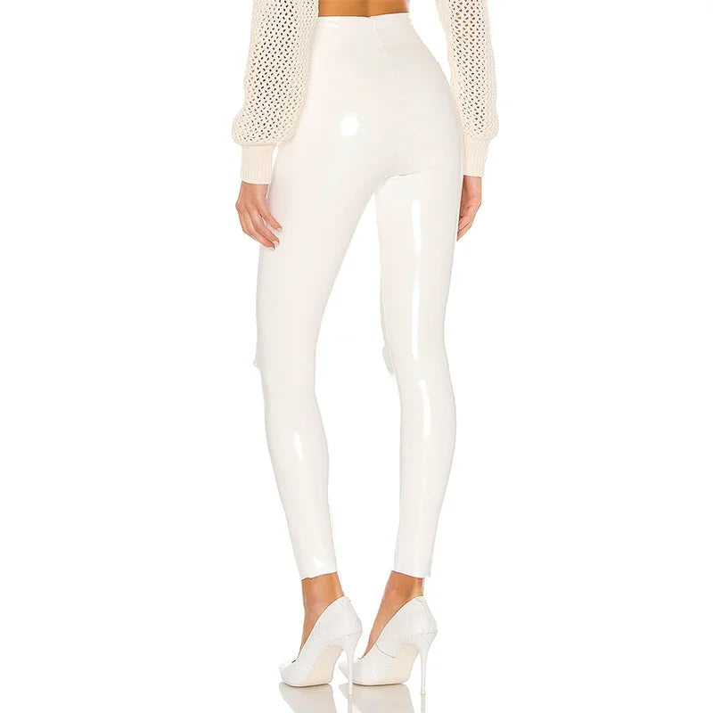 Women Shiny PU Leather White PVC Pants Slim Sexy Leggings Latex Stretchy High Waist Bodycon Pants Summer Skinny Trousers