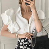 Women Chiffon Black Shirts Summer Fashion Elegant Puff Sleeve Tops Korean All Match Female Casual Blouse New