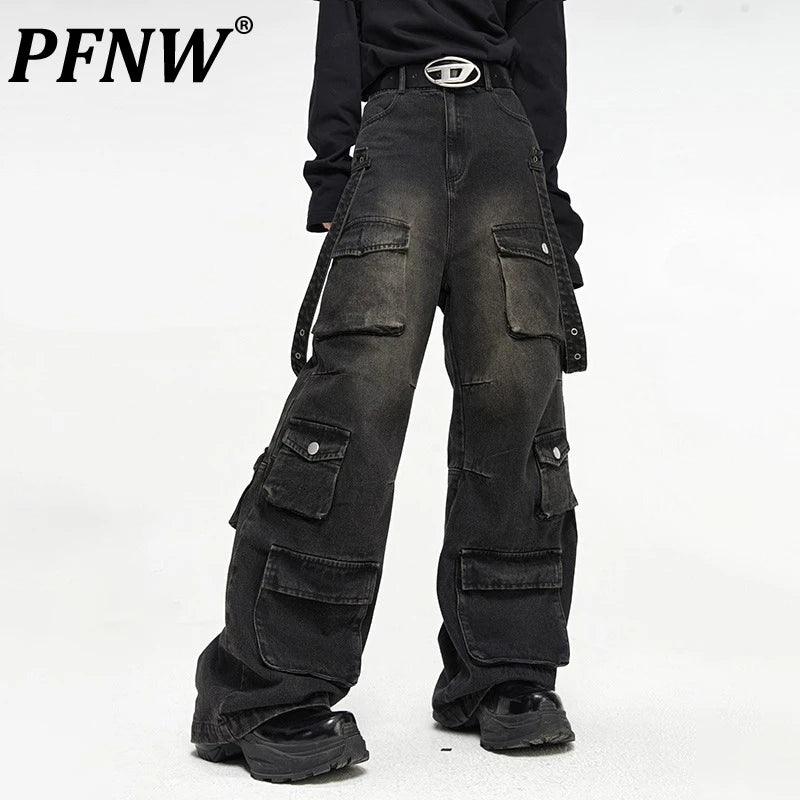 PFNW Spring Men's American High Street Multi Pocket Wide Leg Jeans Loose Hip Hop Straight Techwear Denim Handsome Pants