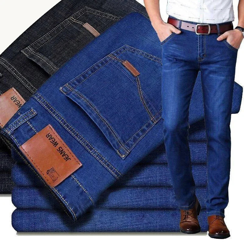 NEW Men's Fashion Business Jeans Classic Style Casual Stretch Slim Jean Pants Male Brand Denim Trousers Black Blue