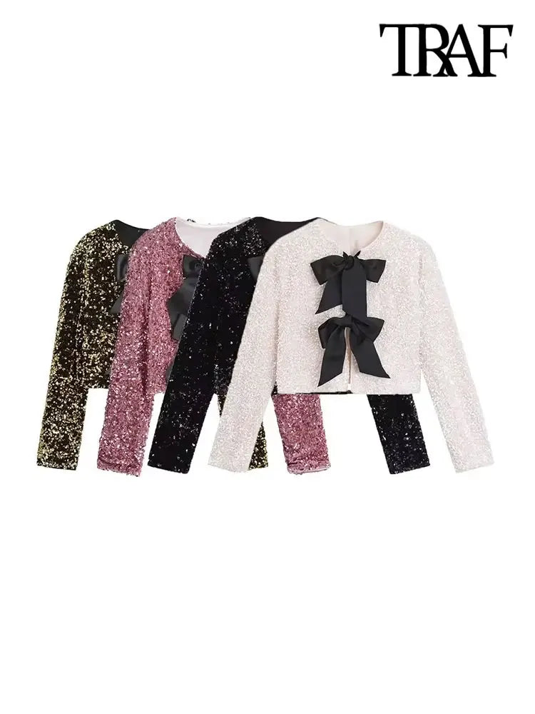 TRAF-Women's Long Sleeve Sequined Cropped Jacket, O Neck Coat, Female Outerwear, Chic Tops, Bow Tied