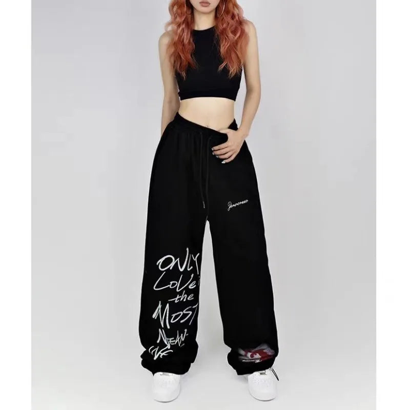 Black White Drawstring Design Sweatpants Women High Street Hip-hop Wide Leg Pants Women New Summer All-match Long Trousers