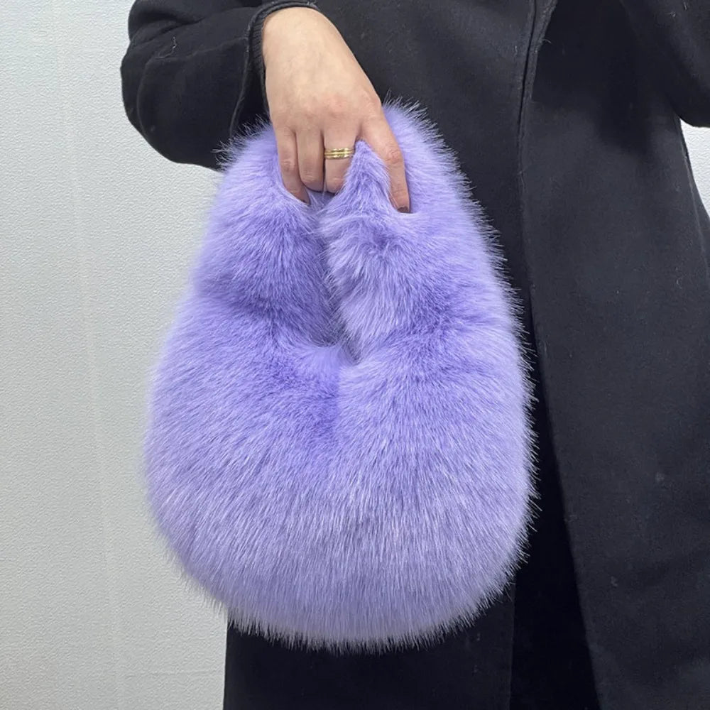 Luxury Soft Plush Half Moon Bag Faux Fur Fluffy Lady Handbags Female Winter Purse Party Clutch Bag Casual Tote Bag