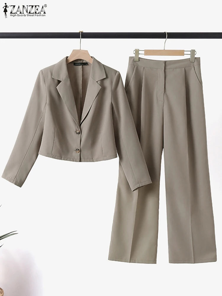 Elegant Blazer Suits Solid Fashion Matching Sets Long Sleeve Tops Wide Leg Pants Vintage Casual Tracksuit Work Suit