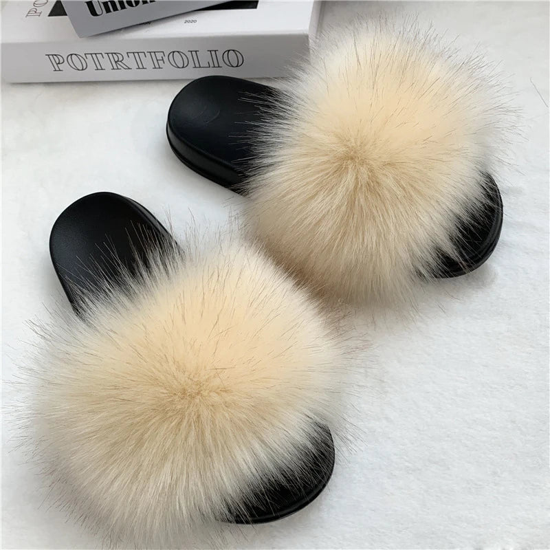 Summer Faux Fur Slippers Women Indoor Furry Fur Slides Female Plush Flip Flops Flats Sandals Casual Fluffy Slipper House Shoes