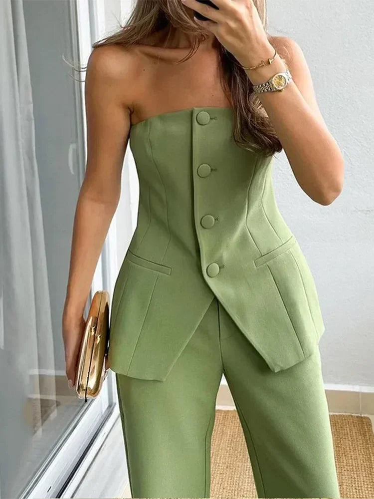 Sleeveless Tube Top Pants Solid Color Two-Piece Suit Women's Autumn Winter Button Tops Slim Trousers Female Daily Casual Wear