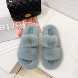 Fashion One Word Thick Fur Slippers Double Fur Slippers Casual Home Cotton Shoes for Women Flat Plush Cross Straps Slippers