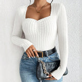 Autumn and winter fashion diamond collar knitted bottom shirt, women's casual long-sleeved tops, knitted long-sleeved T-shirt